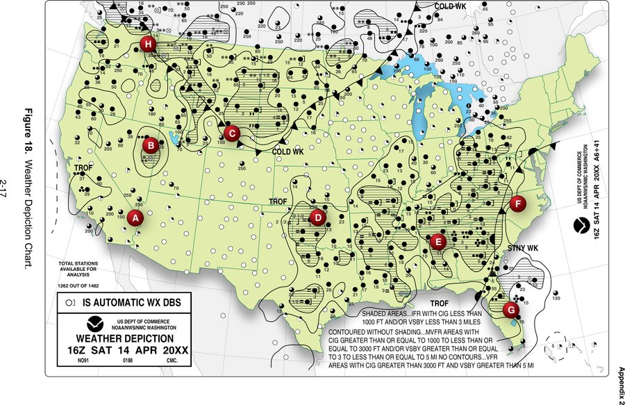 A weather depiction chart showing VFR, marginal VFR, and IFR areas across the continental United States, with eight lettered reference points.