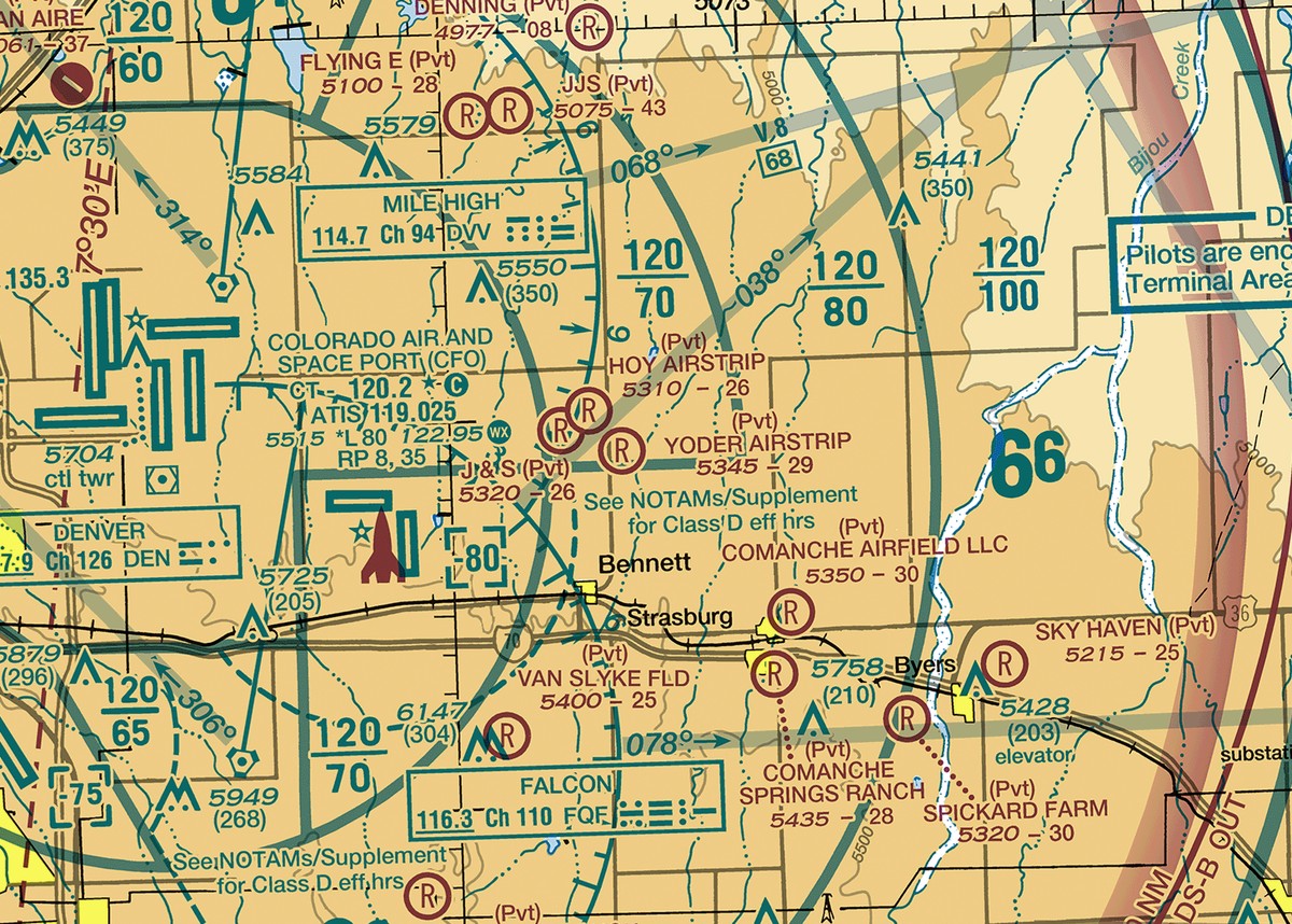 A current FAA Denver sectional excerpt northeast of Denver, showing Class B shelf altitudes (120/70, 120/80, 120/100), several private-airstrip data blocks, obstacle height callouts, and the quadrangle Maximum Elevation Figure.