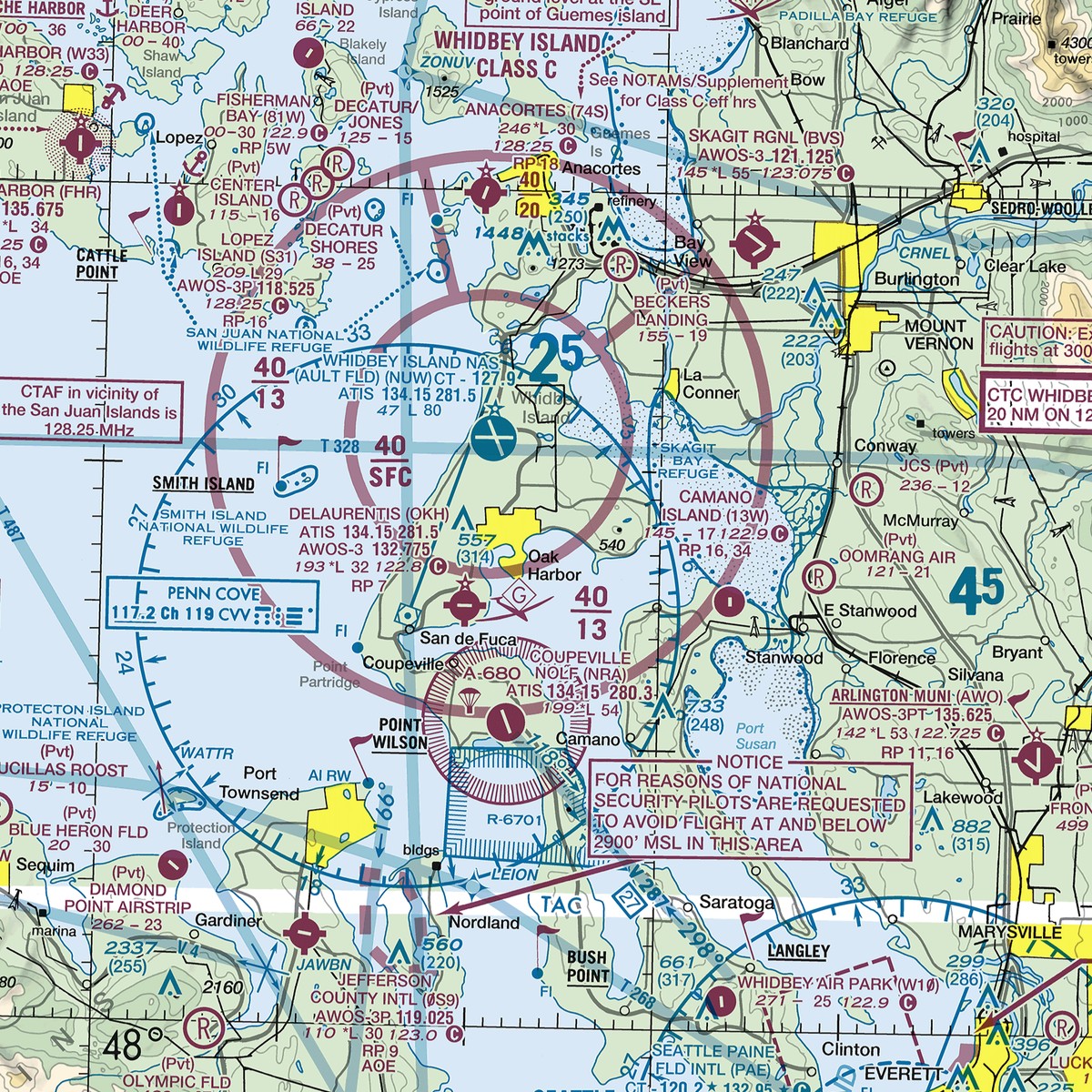 A current FAA Seattle sectional excerpt around Whidbey Island, Washington, showing Whidbey Island Class C shelf altitudes, the NAS Whidbey Island (Ault Field) airport data block, the R-6701 restricted-area boundary, a national-security flight-avoidance notice, and obstacle height callouts.